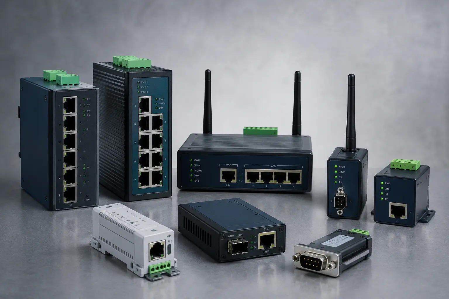 Industrial network switches, gateways and communications devices